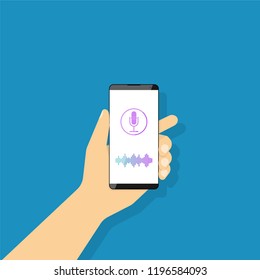 Voice recognition, a man holds in his hand a smartphone with a microphone icon. Sound recording. Vector illustration in flat style.