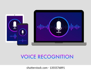 Voice recognition and personal assistant concept flat vector illustration of microphone and sound waves symbol intelligent technologies. 