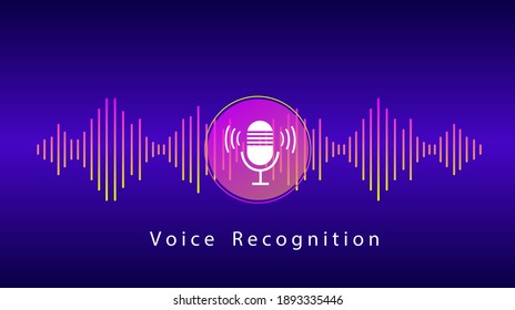 Voice Recognition and Personal Assistant Concept. Illustration of Gradient Vector sound wave and Microphone with bright voice button control. Voice imitation and intelligent technologies.