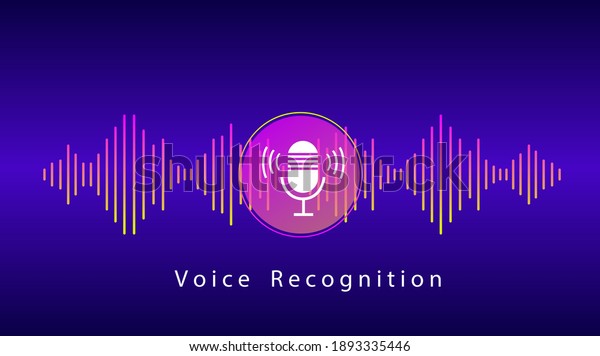 Voice Recognition and Personal Assistant\
Concept. Illustration of Gradient Vector sound wave and Microphone\
with bright voice button control. Voice imitation and intelligent\
technologies.