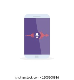 Voice recognition Personal assistant on mobile app. Concept flat vector illustration of device with microphone icon on screen and voice and sound imitation lines.