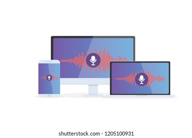Voice recognition Personal assistant on mobile app. Concept flat vector illustration of device with microphone icon on screen and voice and sound imitation lines.