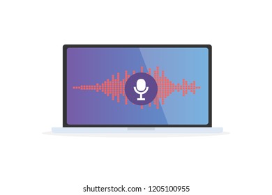 Voice recognition Personal assistant on mobile app. Concept flat vector illustration of device with microphone icon on screen and voice and sound imitation lines.