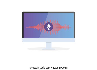 Voice recognition Personal assistant on mobile app. Concept flat vector illustration of device with microphone icon on screen and voice and sound imitation lines.