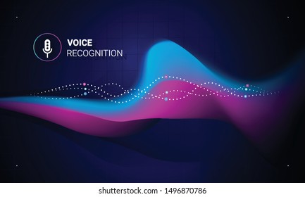 Voice recognition. Personal assistant. Smart music sound waves or voice recognition technology. Concept with microphone ai icon. Futuristic vector background.