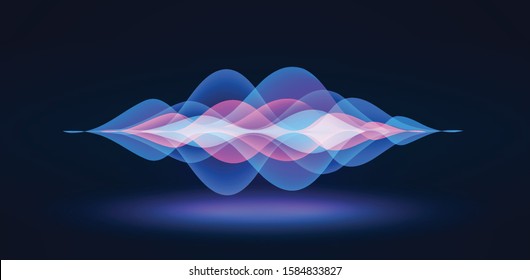 Voice recognition. Personal assistant. Smart music sound waves or voice recognition technology. Soundwave intelligent technologies. Vector illustration. Volume curve energy waveform. Neon Ai concept.