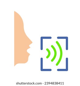 Voice recognition. Recognize, scan, assistant, record voice message, mail, biometric data, ID confirmation, verification, privacy protection, security system. Colorful icon on white background - Shutterstock ID 2394838411