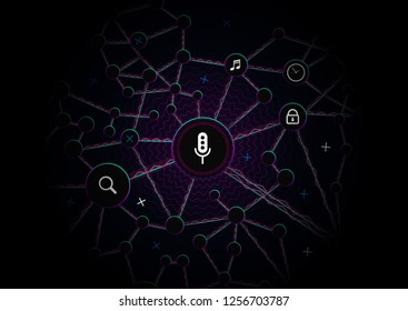 Voice recognition scheme. Personal assistant structure. Smart music algorithm sound waves or voice recognition technology. Concept with microphone ai icon. Futuristic vector background