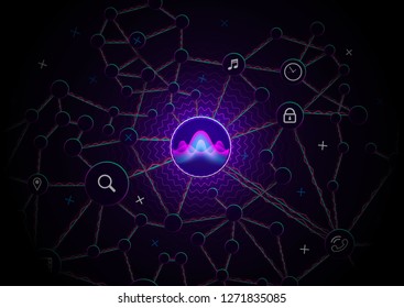 Voice recognition scheme. Personal assistant structure. Smart music algorithm sound waves or voice recognition technology. Concept with microphone ai icon. Futuristic vector background