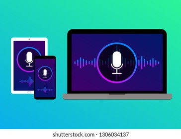 Voice recognition, search speech detect and deep learning voice concept. Application speaker recognition on computer, laptop, tablet and mobile screen on the gradient background.
