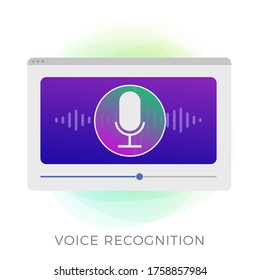 Voice recognition, search speech detect and personal assistant deep learning voice concept. Microphone button with bright voice and sound imitation waves vector icon isolated on white background.