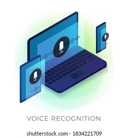Voice Recognition and voice search technology isometric vector icon. Personal Assistant with sound waves and microphone icon on the laptop screen, phone and tablet pc isolated on white background. 