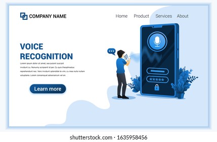 Voice recognition, voice security identification with a man trying unlock smartphone by Digital Voice assistant. Can use for web banner, landing page. Modern flat vector illustration