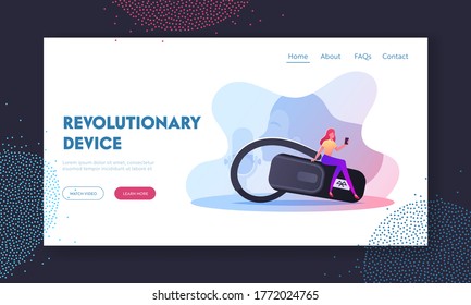 Voice Recognition, Smart Technologies, Mobile Phone Device Landing Page Template. Tiny Female Character with Cellphone Sit on Huge Headset for Mobile Phone Communication. Cartoon Vector Illustration