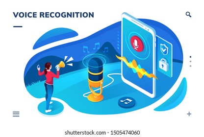 Pantalla de aplicación de reconocimiento de voz para smartphone. Página isométrica para grabación de sonido, traducción, mensaje de audio. Un discurso de AI reconociendo la tecnología. Micrófono, micrófono para conversar con un ciberasistente