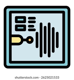 Voice recognition software processing audio input, generating a visual sound wave representation on a computer monitor