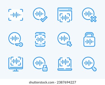 Iconos de línea vectorial de reconocimiento de voz y exploración de sonido. Conjunto de iconos de esquema de autenticación e identificación. Grabación de voz, escaneo, reproducción en línea, acceso, protección y más.
