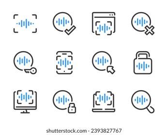 Voice recognition and Sound scanning vector line icons. Authentication and Identification outline icon set.