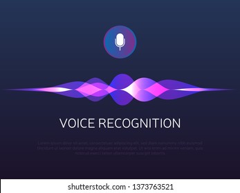 Voice recognition. Sound waves and microphone. Personal assistant and artificial Intelligence. Mic button with gradient soundwaves. Voice imitation and intelligent technologies. Vector illustration.