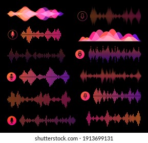 Voice recognition soundwaves vector design of ai and smart technologies. Microphone buttons, personal assistant speech recognition sound waves and pink neon equalizer scales of sound volume