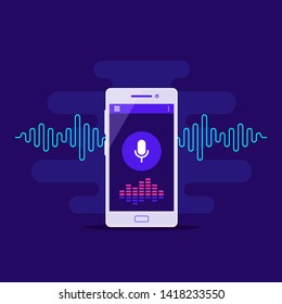Voice recognition system concept banner. Smartphone with sound wave and microphone icon. Flat style illustration.