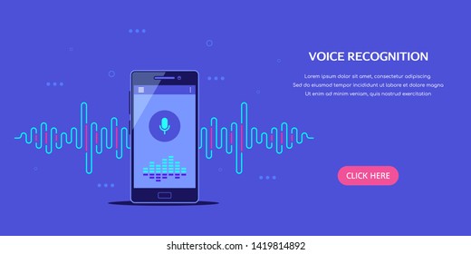 Voice recognition system concept banner. Smartphone with sound wave and microphone icon. Flat style illustration.