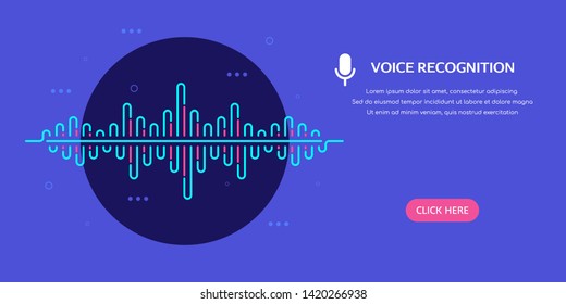 Voice recognition system concept banner. Sound wave image with microphone icon. Flat style illustration.