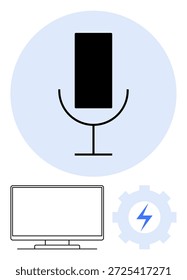 Reconocimiento de voz, Asistencia tecnológica, automatización, herramientas de programación, servicios de audio, producción de medios. Micrófono, equipo con pantalla de computadora de perno de relámpago. Reconocimiento de voz y concepto de Asistencia tecnológica