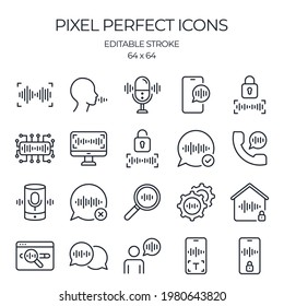 Voice recognition technology editable stroke outline icons set isolated on white background flat vector illustration. Pixel perfect. 64 x 64.