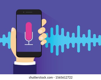 voice recognition technology, hand hold smartphone and noise wave background, vector illustration