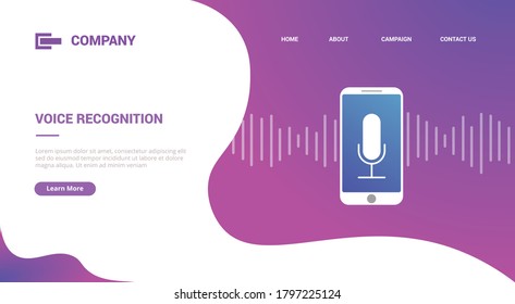 tecnología de reconocimiento de voz con smartphone y ondas de sonido para plantilla de sitio web o banner de plantilla de página de inicio de aterrizaje