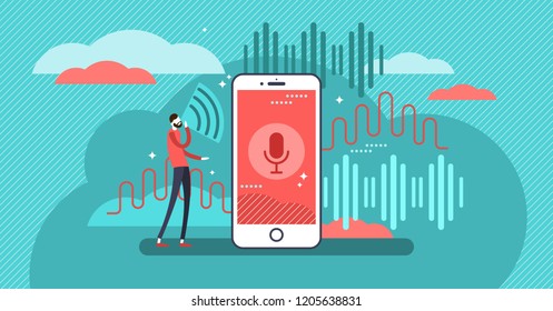 Voice recognition vector illustration. Abstract futuristic technology with voice commands, smartphone authorization or biometric ID recognition. Sound wave depiction.