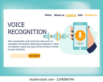 Voice recognition. Vector illustration in flat design concept of web page design for website and mobile website. Hand holds smartphone with microphone button and sound imitation lines. Landing page.