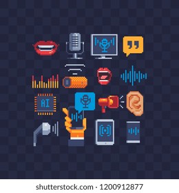 Voice recognition. Voiceover or voice command icon with sound wave images pixel art set. Soundwave on phone in the hand. Sound recording. Isolated vector illustration. Design for logo app and web.