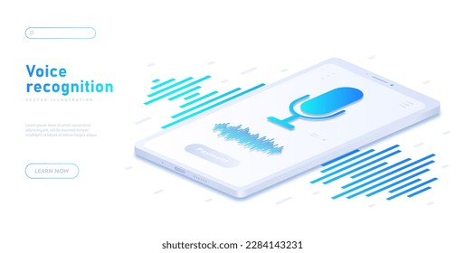 Voice recognition white banner. Artificial intelligence, virtual assistant or assistant. Application and software for smartphone. Landing page design. Cartoon isometric vector illustration