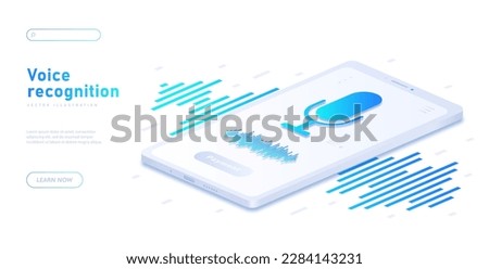 Voice recognition white banner. Artificial intelligence, virtual assistant or assistant. Application and software for smartphone. Landing page design. Cartoon isometric vector illustration