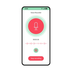 Voice Recorder App Smartphone Interface Vector Template. Mobile Utility Page White Design Layout. Audio Recording Screen. Sound Rec Application Flat UI. Microphone, Pause, Stop Buttons Phone Display
