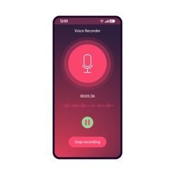 Voice Recorder App Smartphone Interface Vector Template. Sound Rec Mobile Application Flat Gradient UI. Audio Recording Process Page Purple Design Layout. Capture, Pause, Stop Buttons On Phone Display