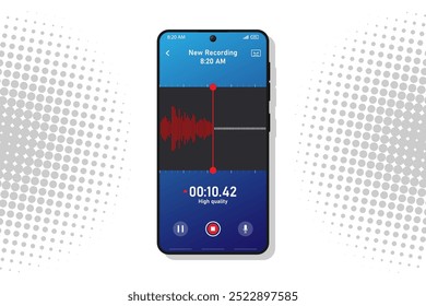 Gravador de voz app smartphone interface vetor modelo. Layout de design em branco da página do utilitário móvel. Tela de gravação de áudio. IU plana do aplicativo de gravação de som. Microfone, pausa, botões de parada, exibição do telefone