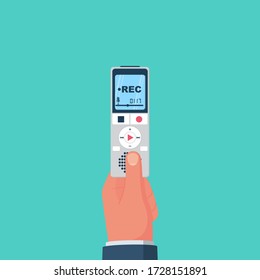Voice recorder in hand. Journalist holds dictaphone, recorder. Live news template. Interview reporter. Vector illustration flat design. Isolated on white background.