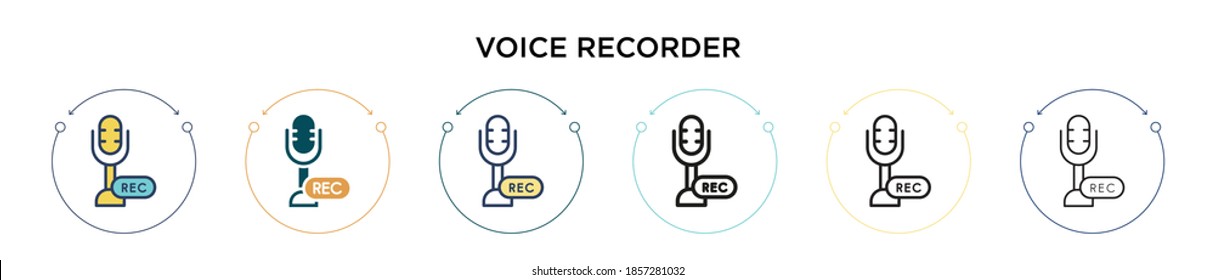 Icono de grabadora de voz en estilo relleno, delgado, contorno y trazo. Ilustración vectorial de dos iconos vectoriales de grabadores de voz en color y negro se pueden utilizar para móviles, ui, web