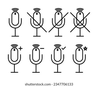voice recorder or microphone icon set, mute mode, prohibit, increase, minus. line shape design for app, web and social media.