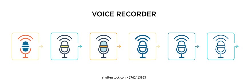 Voice recorder vector icon in 6 different modern styles. Black, two colored voice recorder icons designed in filled, outline, line and stroke style. Vector illustration can be used for web, mobile,