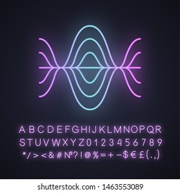 Voice recording neon light icon. Vibration, noise level, frequency curves. Audio volume, frequency. Music player logo. Glowing sign with alphabet, numbers and symbols. Vector isolated illustration