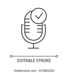 Voice recording process linear icon. Sound recorder. Soundwave, waveform, speaker. Speech signal. Thin line illustration. Contour symbol. Vector isolated outline drawing. Editable stroke