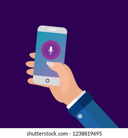 Voice recording with smartphone app vector illustration. Voice recognition technology in modern gadget. Voice command app.