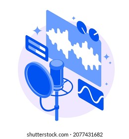 Voice recording studio isometric vector illustration. Professional microphone and digital audio recording mixing control panel for production. Radio show, podcast live broadcasting sound entertainment