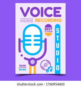 Voice Recording Studio Promotional Banner Vector. Studio Retro Microphone For Record Singer Voice, Music Notes And Plate On Advertising Poster. Concept Layout Stylish Colored Illustration