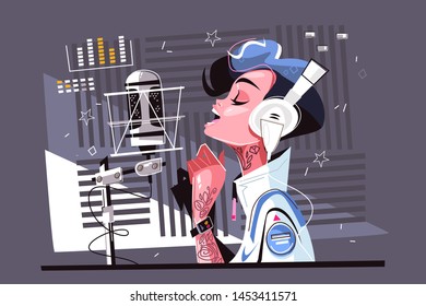 Voice recording studio vector illustration. Pretty cartoon woman in stylish clothes standing with headphones and singing flat style concept. Girl records new song
