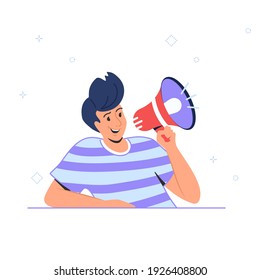 Voice reminder and community announcement with loudspeaker or megaphone. Flat vector illustration of cute man holding red loud-hailer for social media alert. Male character for marketing promo banner 